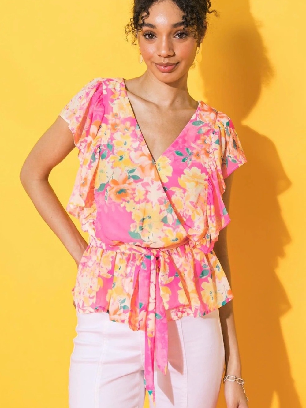 Flying Tomato Hot Pink Floral Wrap Tie-Front Blouse